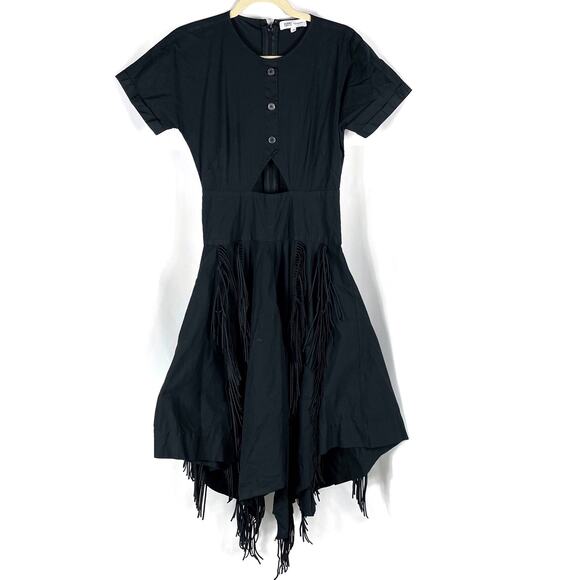 Bibhu‎ Mohapatra Cutout Fringe Dress Black Button Short Sleeve Western Sz 4 - Picture 6 of 13